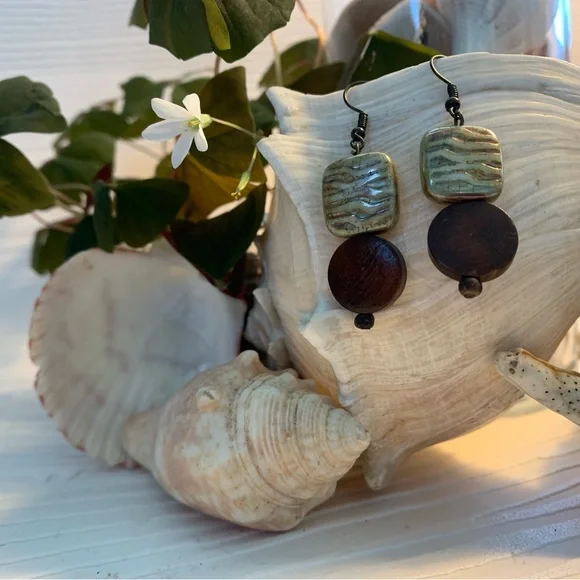 Earthy Drop Earrings Nature Inspired green Glass and Wood Beads Antiqued Style - Picture 2 of 10